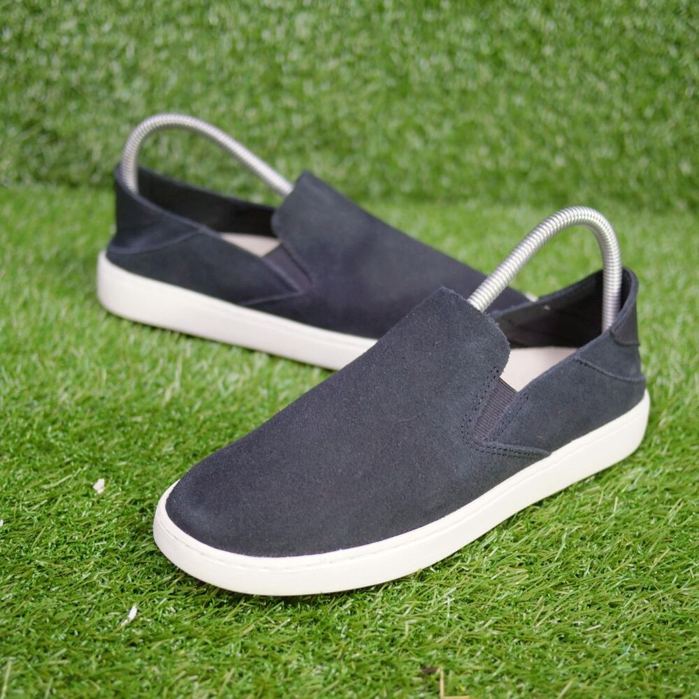 OluKai Pehuea Luxe Suede Slip-On Shoes - Black Leather - Women's Size 8